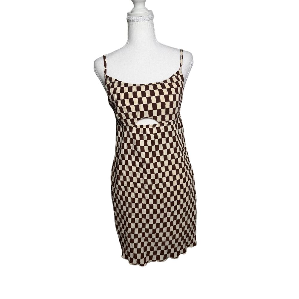 Kith & Kin Brown Cream Checkerboard Cutout Open Back Mini Dress